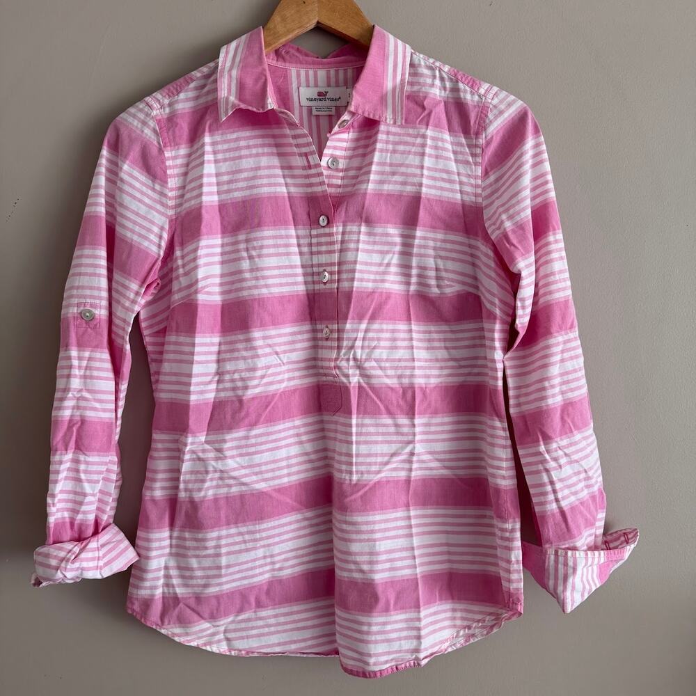 Vineyard Vines Button Front Pink and White Popover Striped Shirt Size 2